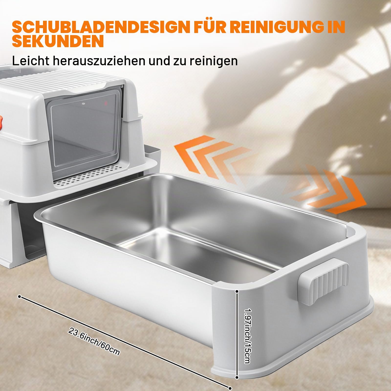 Homegroove Geschlossener Edelstahl-Katzenklo mit Schublade, XL Große Metall-Katzentoilette mit Deckel für Wohnungskatzen, Metall-Abdeckkasten mit Schaufel & Pedal (Hellgrau)