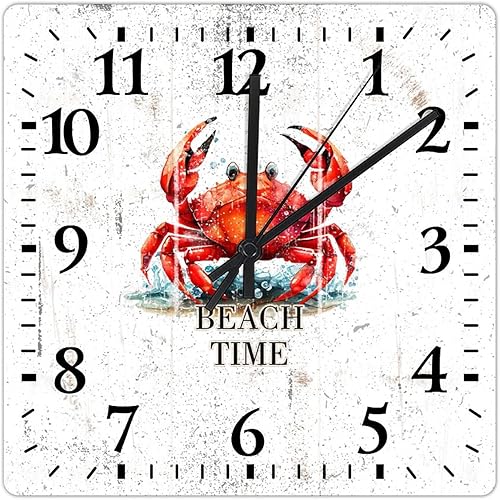 COCOKEN Beach Time Crab - Reloj de pared cuadrado con temática oceánica, reloj de pared grande, funciona con pilas, 15 pulgadas, sin tictac,