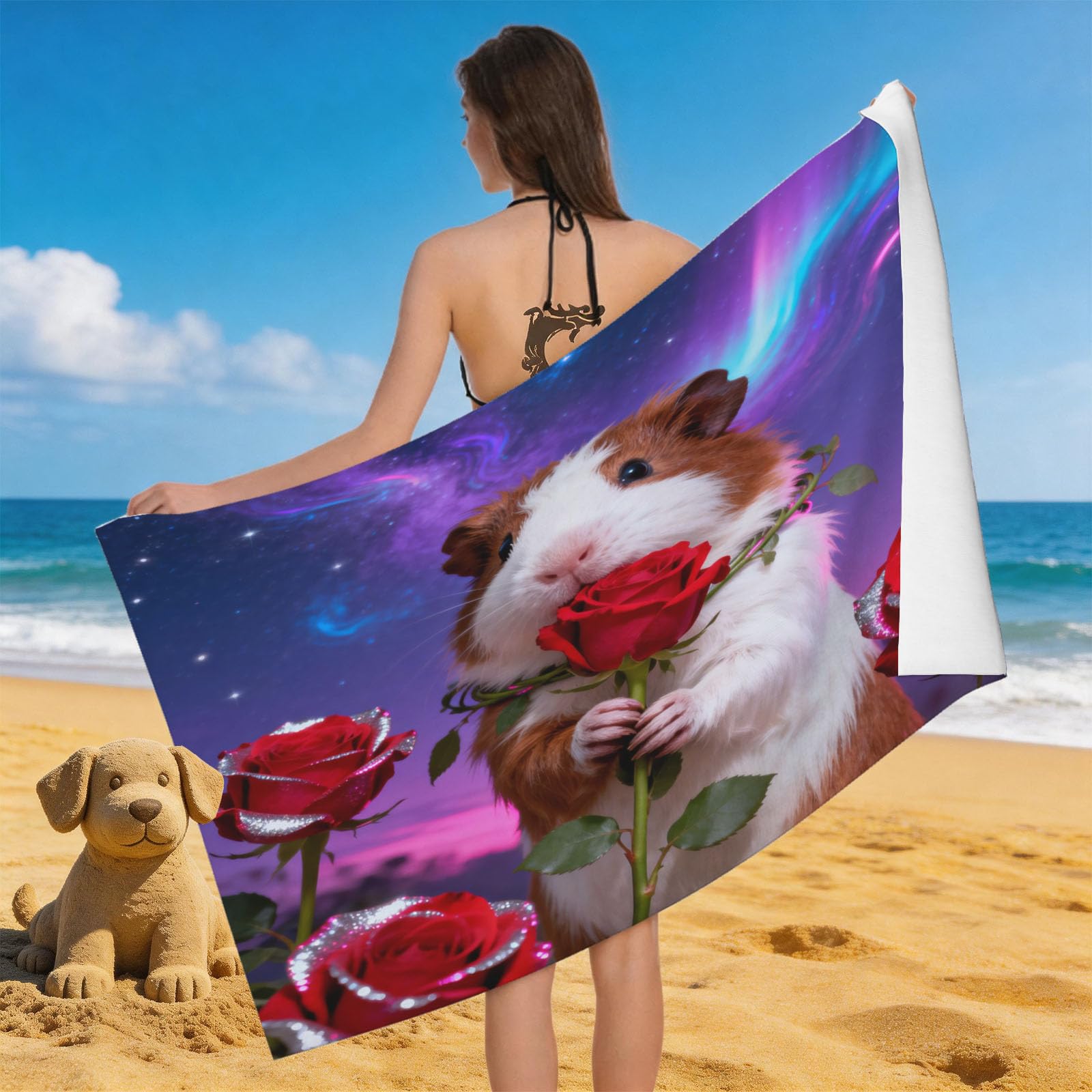 Leichong 3D Guinea Pig Beach Towel Microfiber Soft Quick Dry for Adults, Rose Bath Towel Lightweight Soft Absorbent for Travel Swimming Pool Sports, 75 x 150 cm