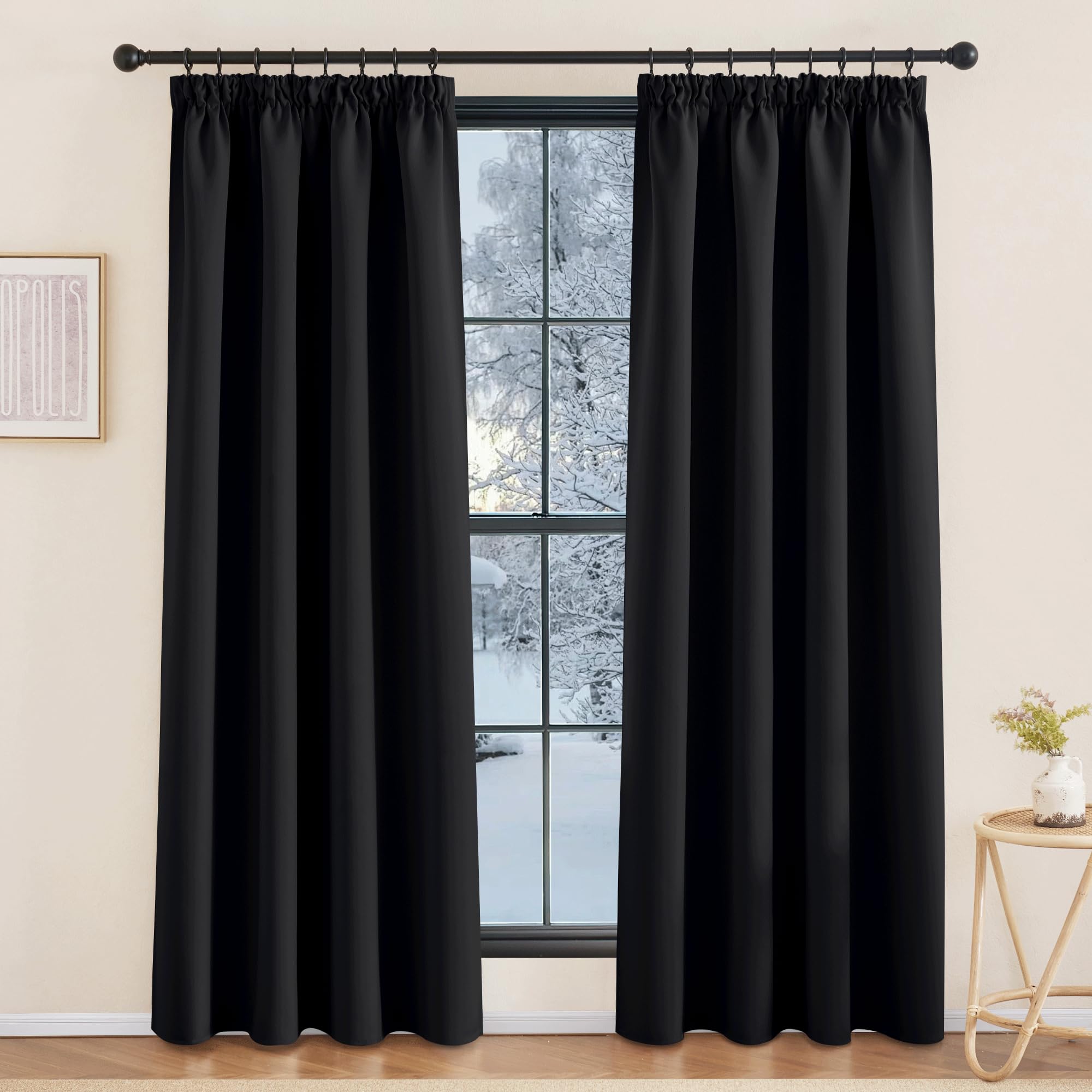 KGORGE Kälteschutz Thermovorhang mit Kräuselband Vorhänge Blickdicht | Schwarz, 2er Set, 220 x 140 cm(HxB), Thermo Vorhang gegen Kälte für Schienensystem, Verdunkelung, Sonnenschutz, Wohnzimmer