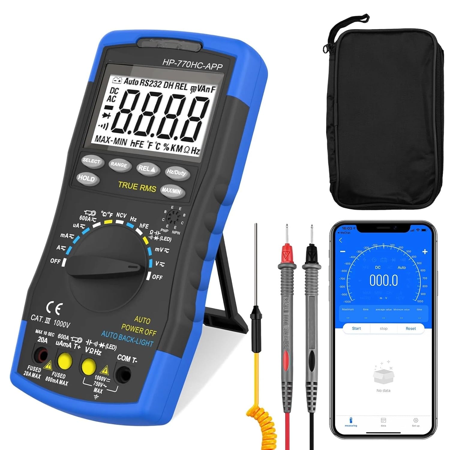6000 Counts Bluetooth Digital Multimeter, Auto-ranging TRMS Volt Meter for AC/DC Voltage, Current, Resistance, Diode Test(BLUE-770HC-APP-C)