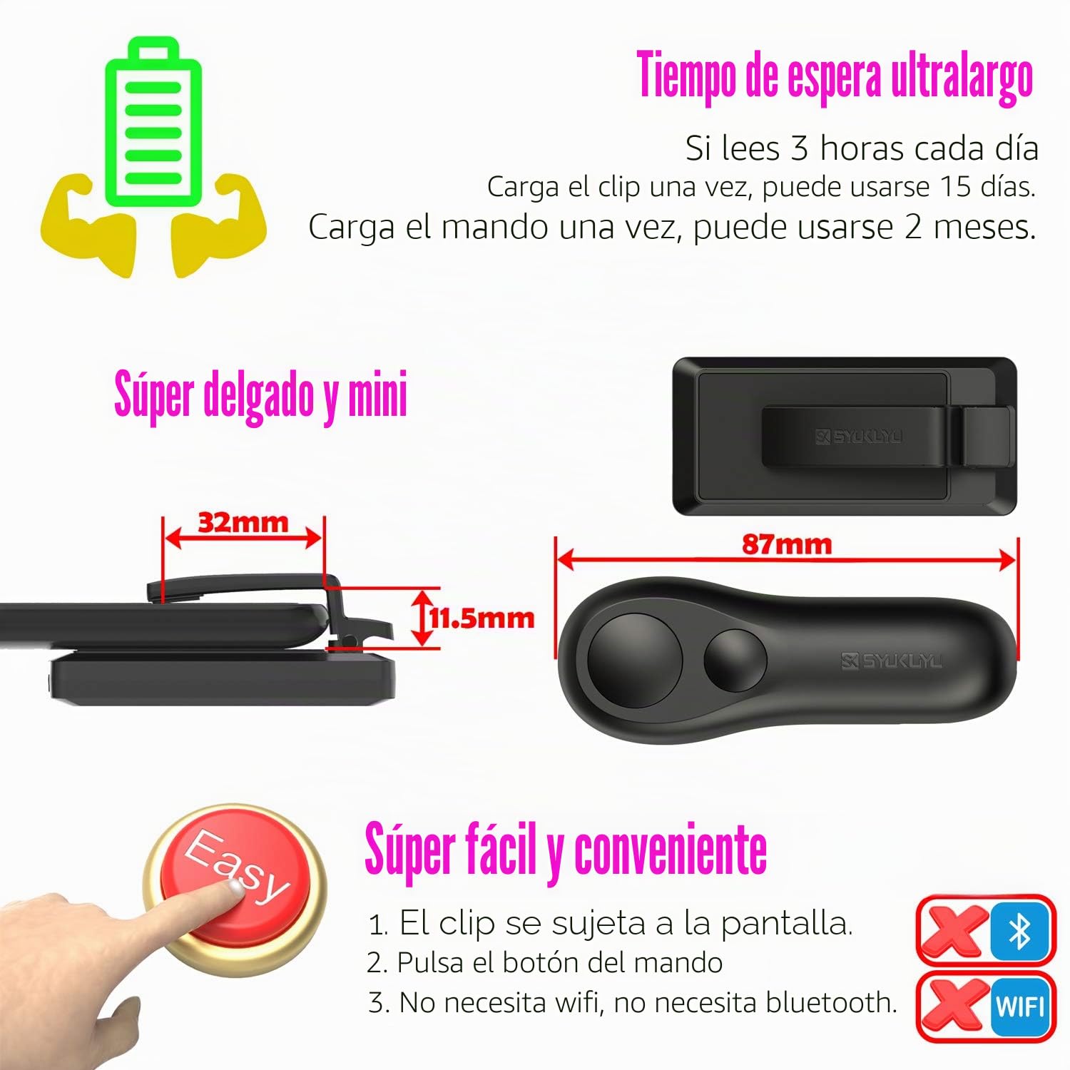 SK SYUKUYU Page Turner para Kindle eReaders Accesorios, RF Control de Página Remoto Clicker para iPad Tablets Lectura Novelas Comics, Cámara Remota y Botón de Video(Negro)