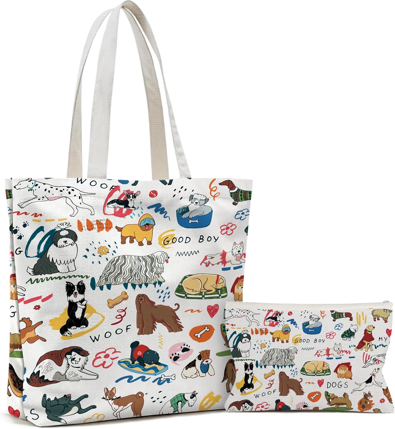 Aesthetic 2 Pcs Canvas Tote Bag with Makeup Bag for Christmas, Reusable Grocery Bags Gift for Shopping Gym Travel Work