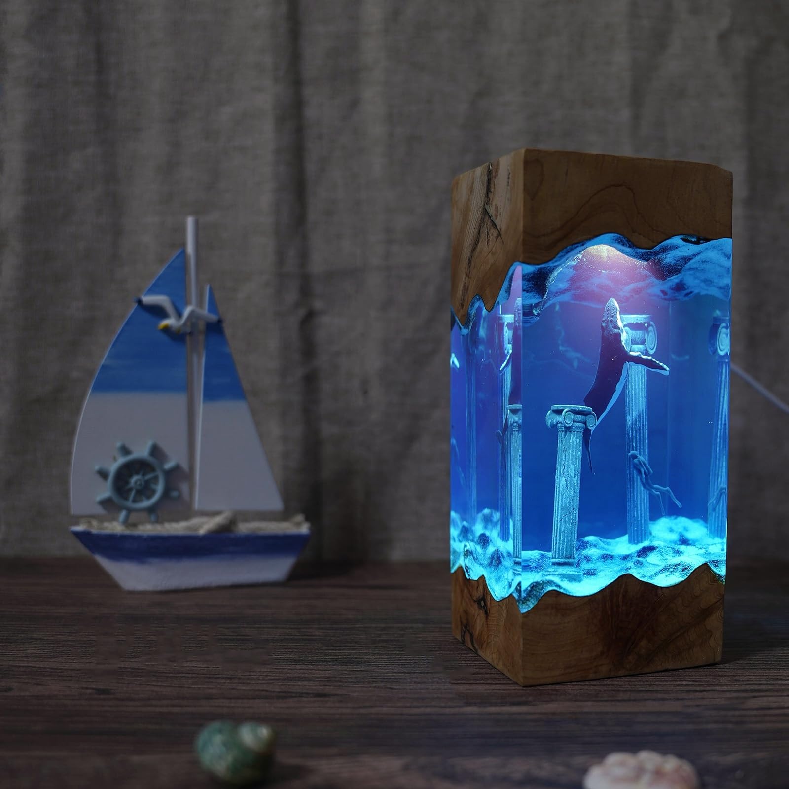 Lámpara Nocturna de Resina Epoxi con Escena Submarina 3D