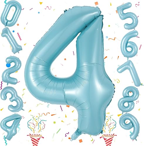 Miniatura 8 de Globos de 40 pulgadas, globo azul claro número 4, helio autoinflable de aluminio azul bebé para niños de 40 a 15 años, decoraciones de fiesta de