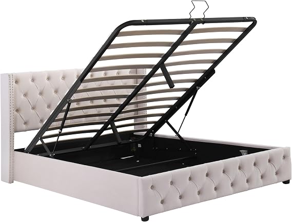 Jtyca Upholstered double bed frame with storage, 4FT6 Velvet Double Ottoman Bed Frame with Hydraulic Lever, Beige, 135 X 190 CM, (Without Mattress)