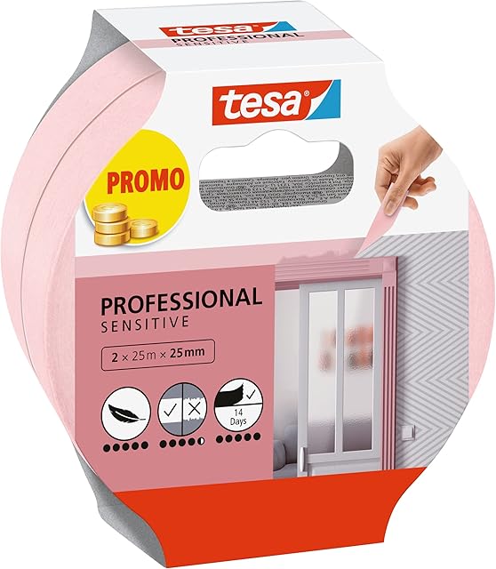 tesa Masking Tape WALLPAPER - Thin Painter's Tape for Precise Masking - Suitable for Sensitive Interior Surfaces - 2x 25 m x 25 mm - Pink