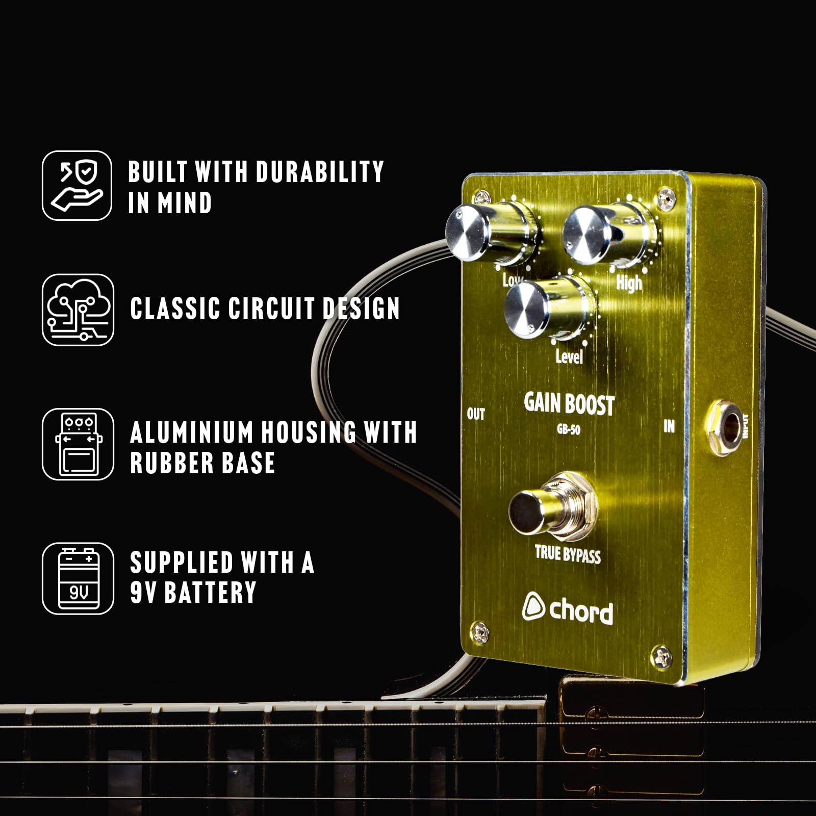 Chord Pedal de efectos de guitarra | GB-50 Gain Boost Pedal: eleva el tono de tu guitarra con ecualizador de 2 bandas para distorsión del amplificador y refuerzo solo, carcasa de aluminio fuerte