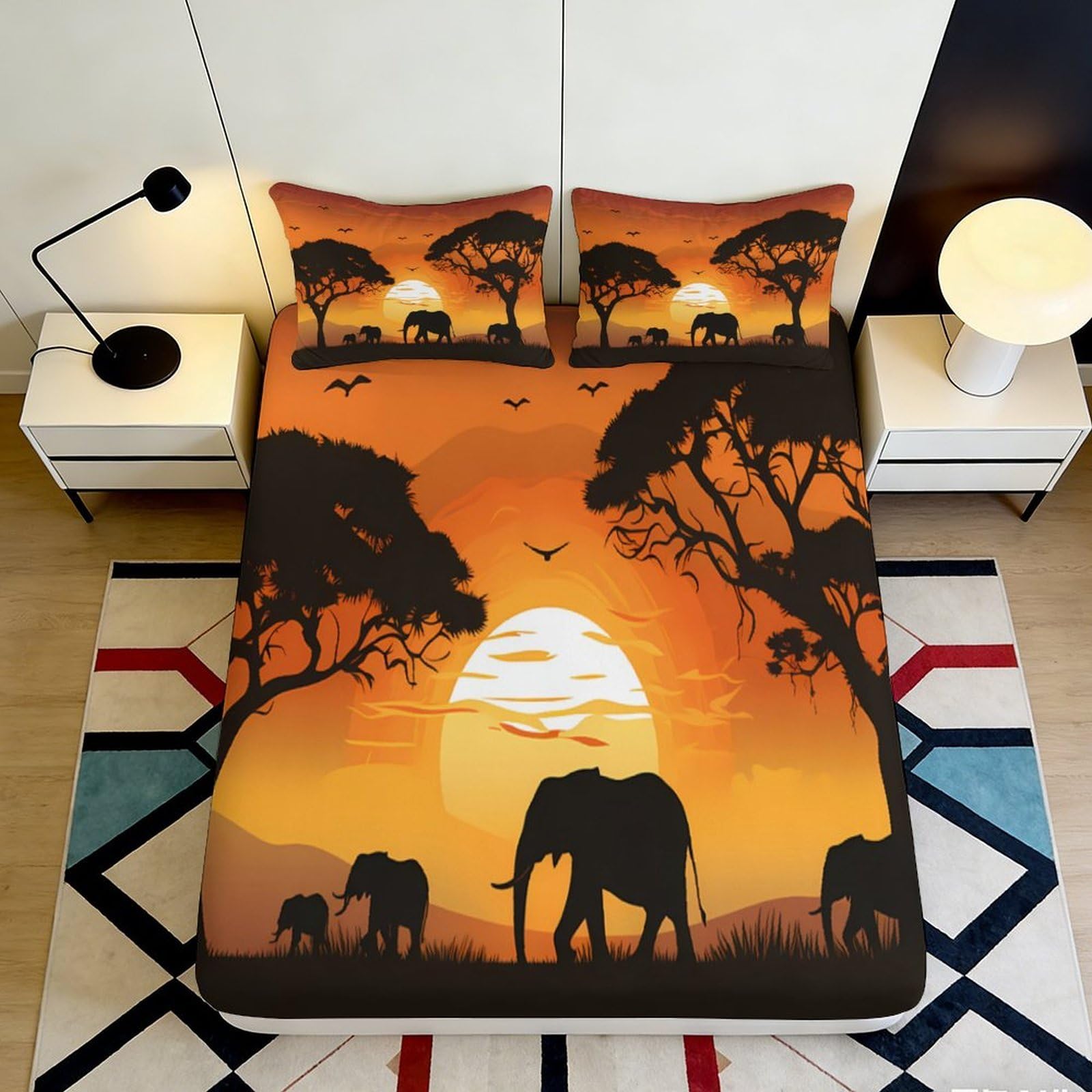 Pnayamiorkfel Style-10 3D Printed African Sunset Elephant Fitted Sheet Microfiber Soft Bed Cover Orange Animal Print For Bedroom Decor 90X200x25cm