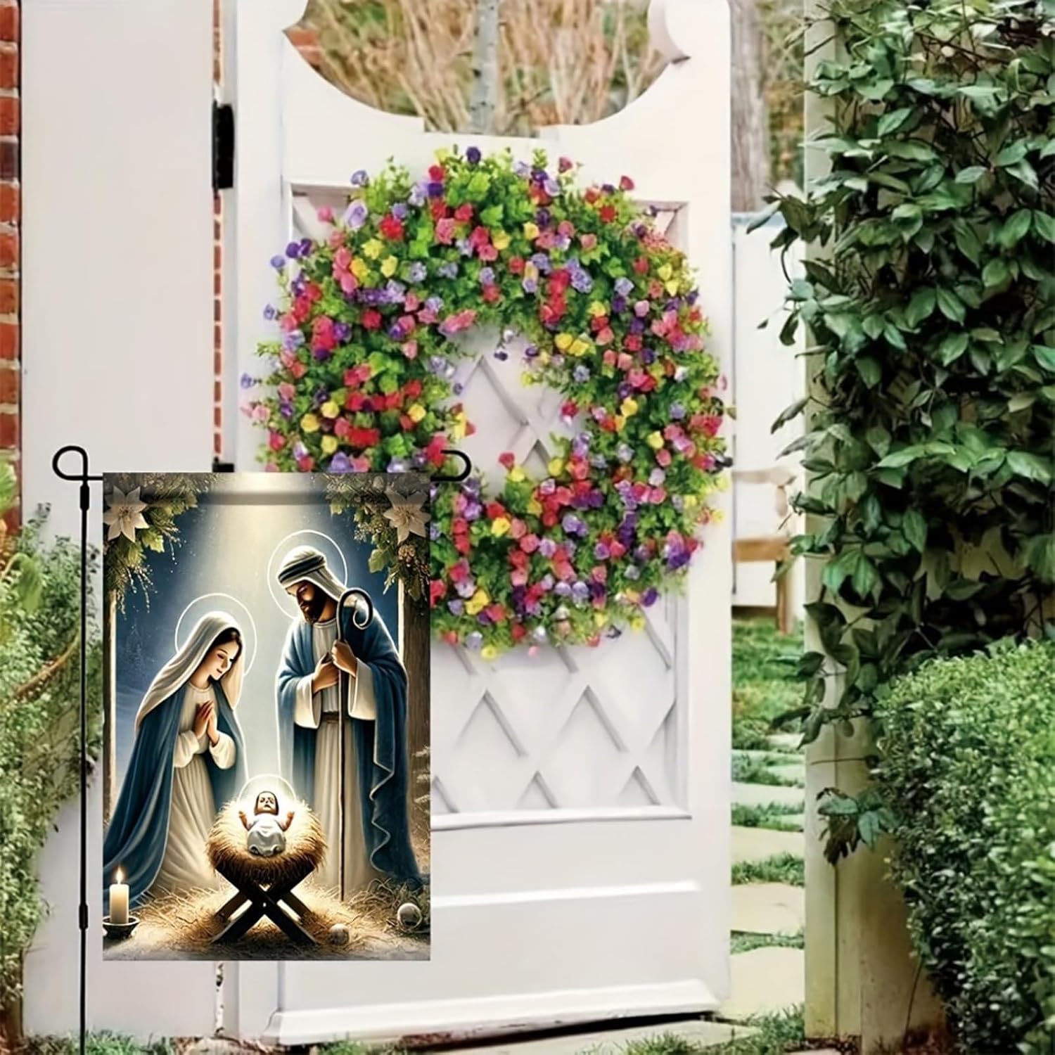 Christmas Garden Flag Winter Nativity Scene Garden Flag Double Sided 12x18 Flag Religious Christmas Yard Decor Mary Joseph and Baby Jesus Under Starry Night Outdoor Decoration Lawn Banner - Image 5