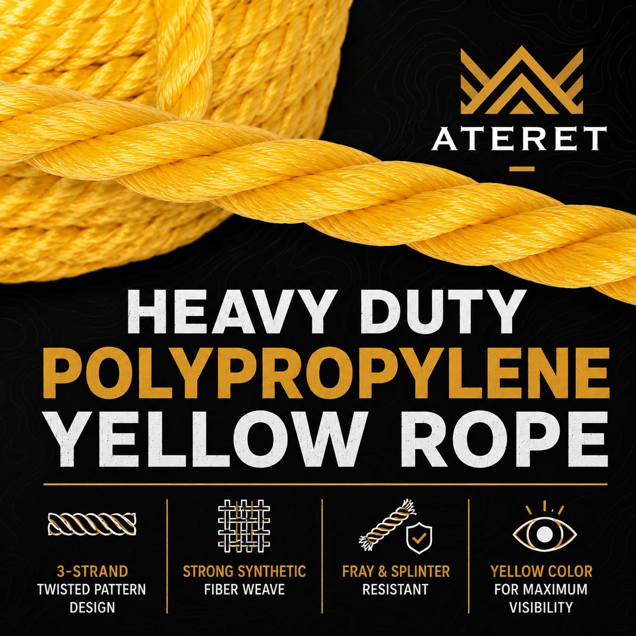 ATERET Skręcona 3-nitkowa lina polipropylenowa monofilament I lekki i wytrzymały syntetyczny sznur do projektów DIY, morskich, zastosowań komercyjnych I lina na zewnątrz i do wewnątrz (1/4" x 1500', żółta)