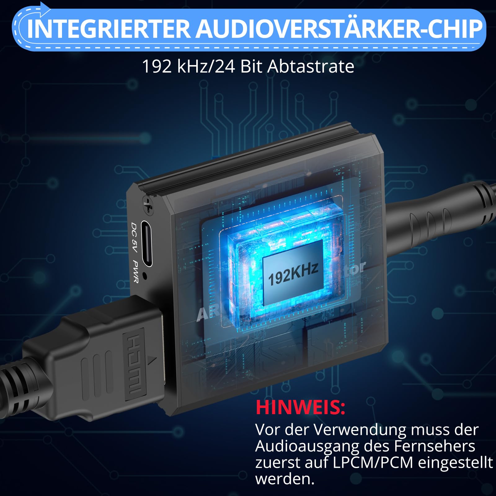 CAMWAY ARC Audio Extraktor, 192 KHz Audio Splitter 3,5 mm-Stereo Audio Out, ARC Adapter mit 1M HDMI-Kabel für Verstärker, Soundbar, Heimkinosystem usw