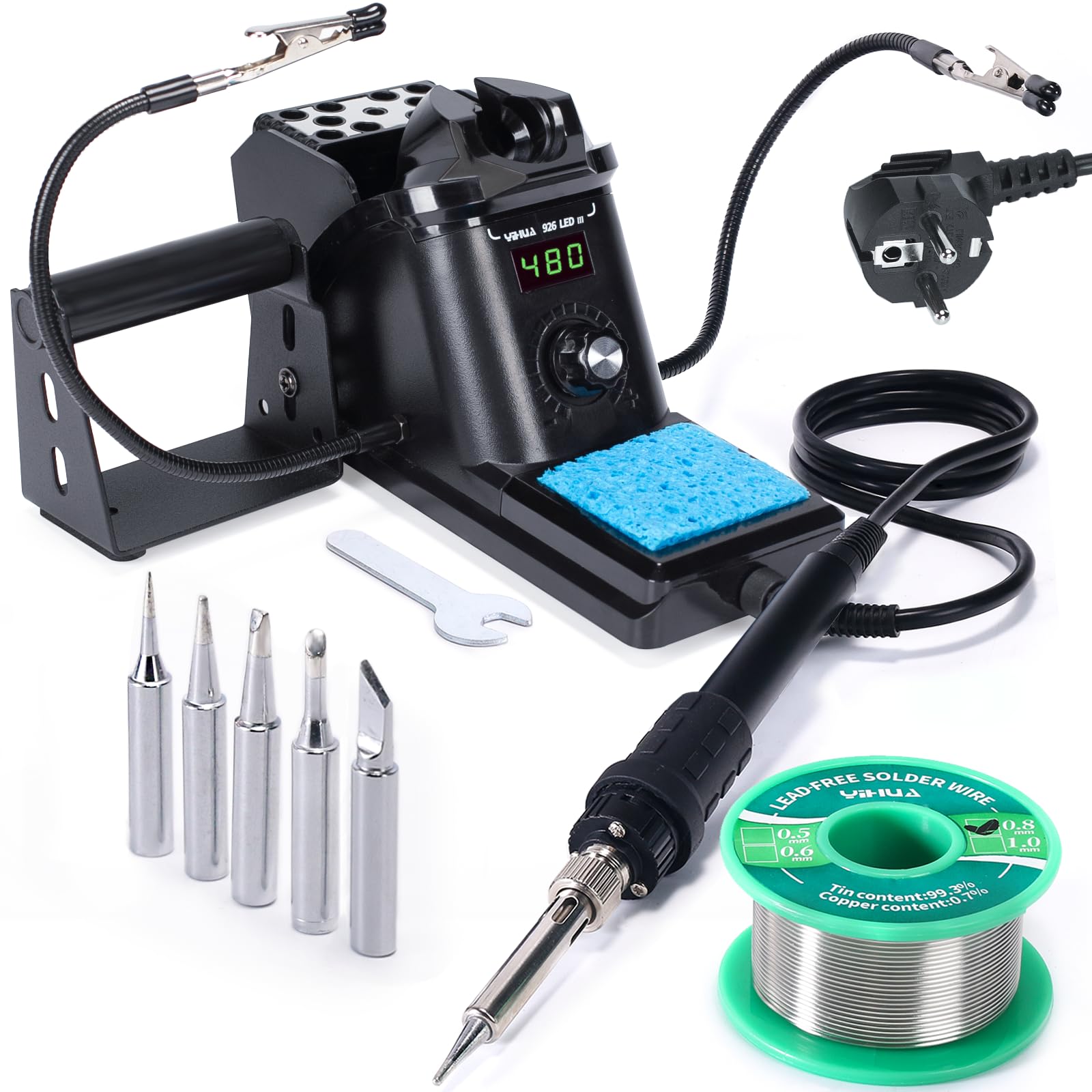 YIHUA 926LED III Kit de Station de Soudage avec Mains d’Aide 10-en-1, Distributeur de Soudure, Fil à Souder sans Plomb, 5 Pointes de Soudure (EU Plug)