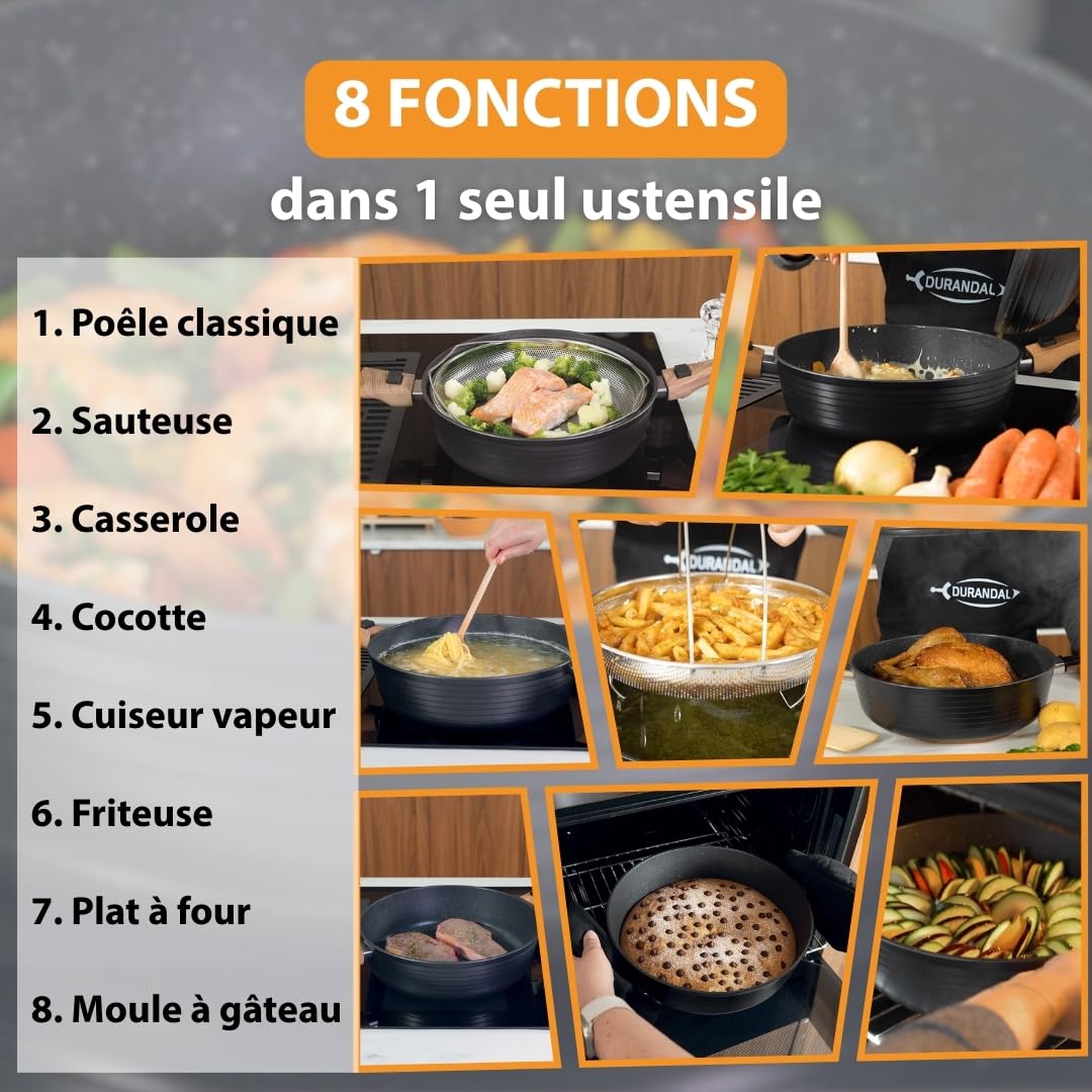 Durandal Légende Poêle multifonction en céramique INFINITY 8-en-1 | Poêle cocotte sauteuse friteuse 28cm, compatible induction