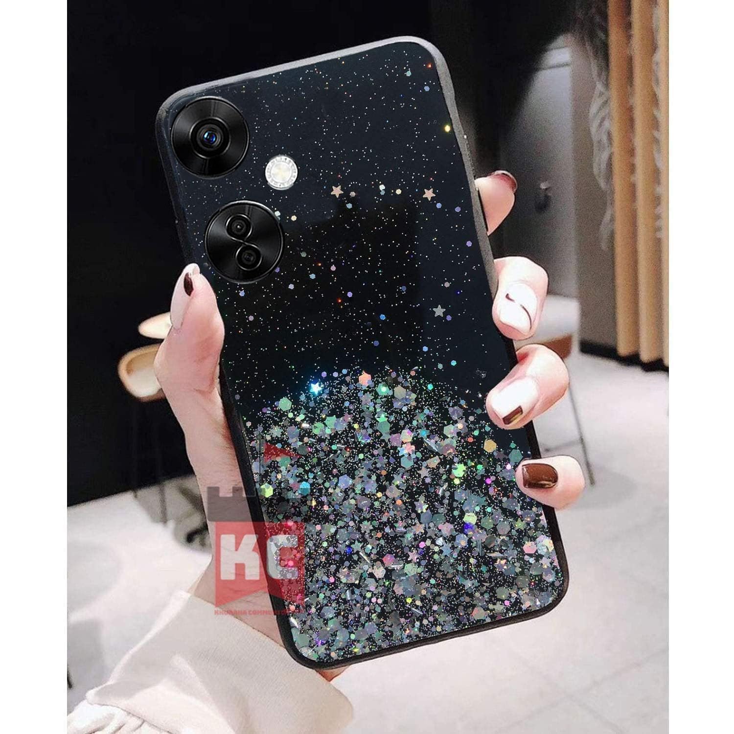 KC Back Cover for Oneplus Nord CE 3 5G - Starry Dry Fixed Non Moving Sparkling Bling Shining Glitter Stars Soft Silicone Camera Protection Case (Black)