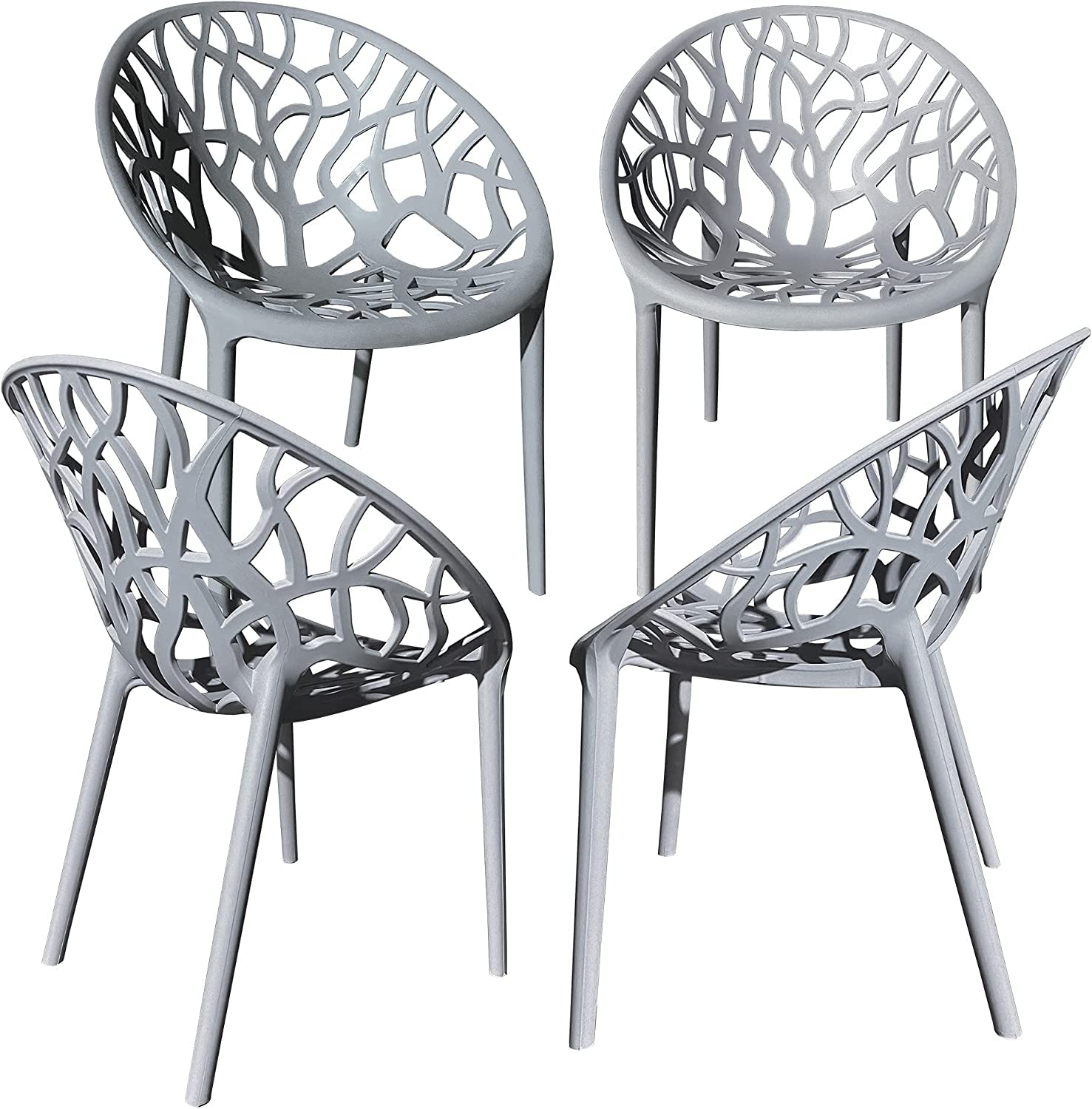 HOM4NISH Set of 2,4,6 Garden Furniture Kitchen Plastic Dining Chairs Geometric Hollow Chairs Bedroom Lounge Reception Tub Chair Stackable Chair for Indoor outdoor home commercial (4, Grey)