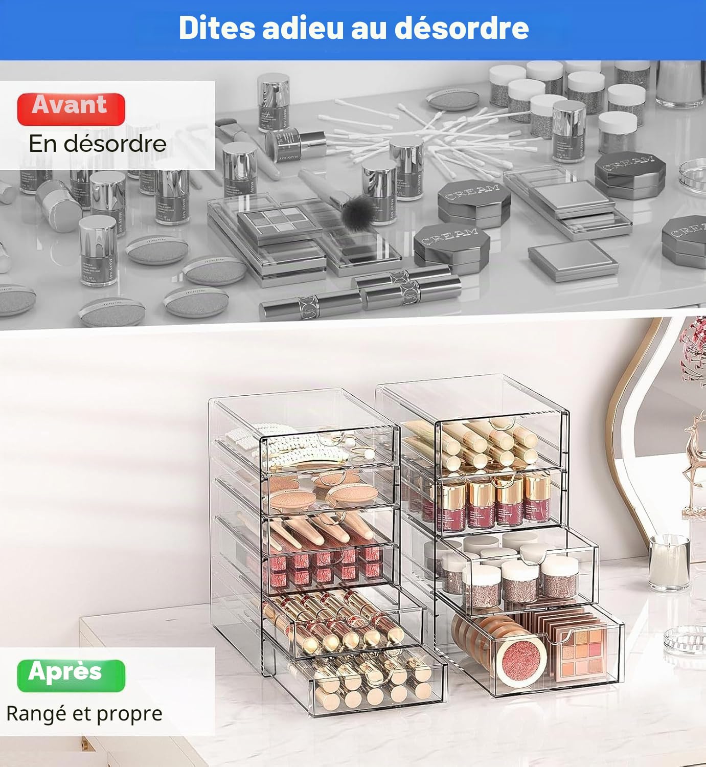 Lot de 4 organisateurs cosmétiques avec 20 tiroirs, empilables, tiroirs de rangement en acrylique durable, organiseurs de bureau transparents pour bureau, salle de bain, rangement de bijoux