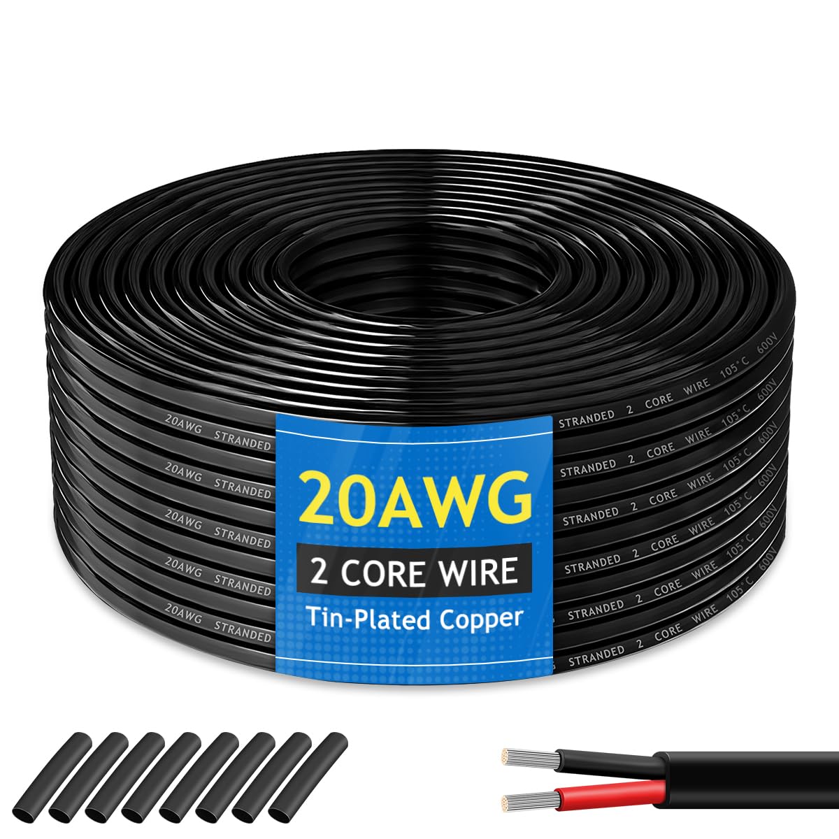 20 Gauge Wire 2 Core Oxygen-Free Tinned Copper Electrical Wire, 2x 0.5mm²20 AWG OFC Pure Copper Stranded PVC Cord, 12V 24V 600V Flexible 20/2 Cable for Automotive LED Strips Lamp Lighting (100FT/ 31M)