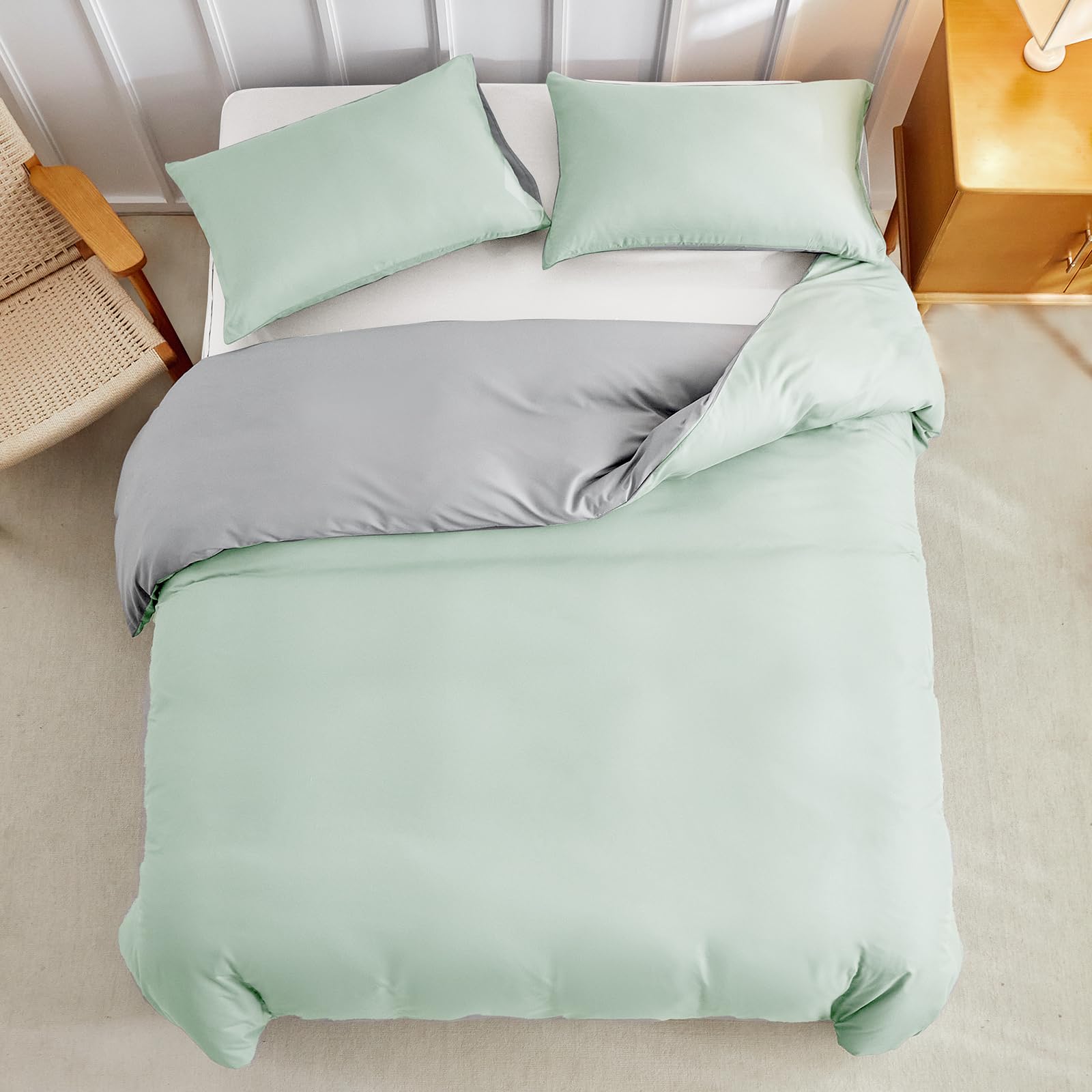 Vert Olive Housse De Couette 140X200Cm + 1 Taie D'Oreiller 65X65Cm Ado Adulte Réversible Parure