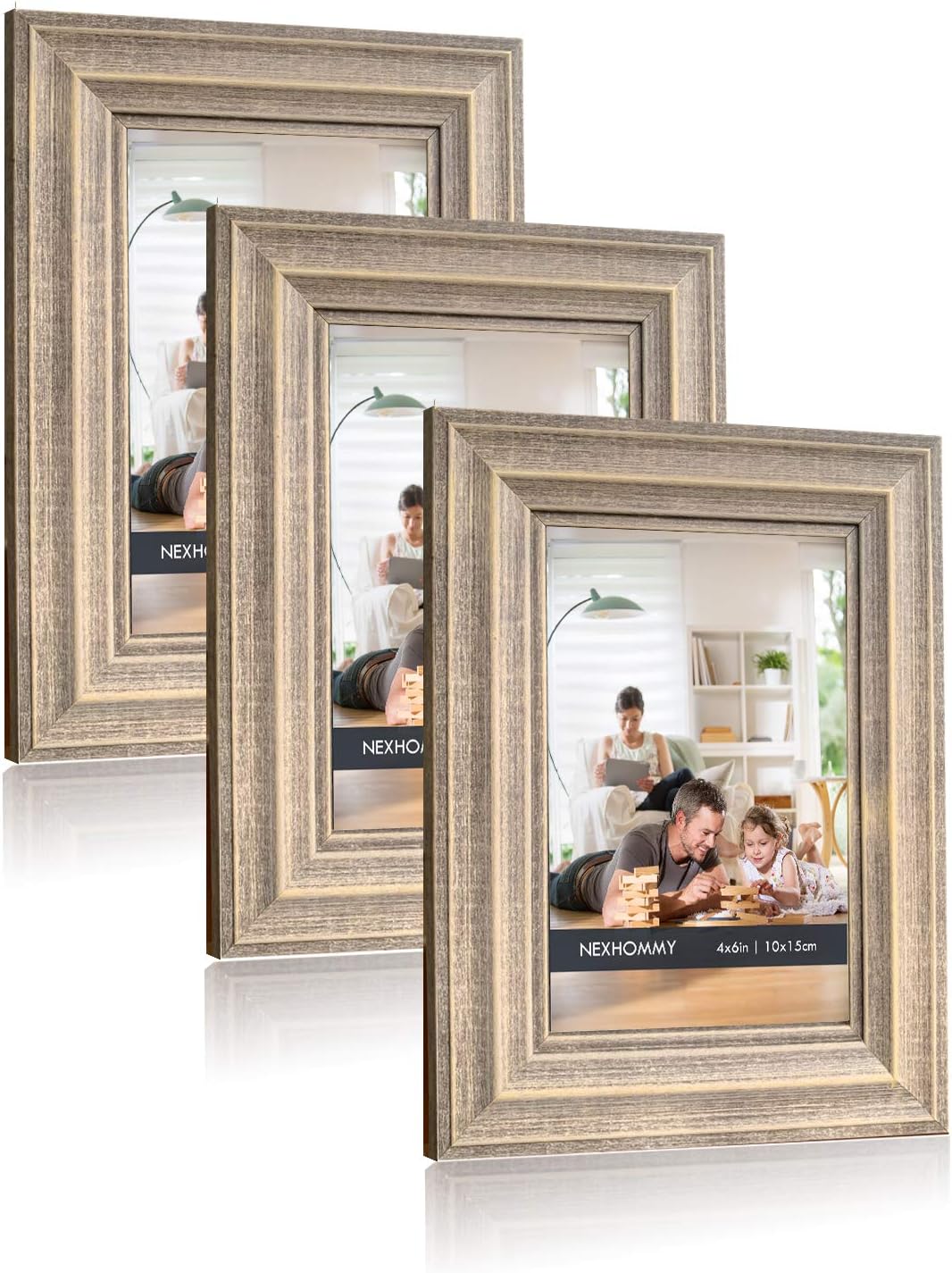 4x6 Picture Frames Distressed Brown - Weathered Look (3 Pack) Farmhouse Wood Grain Designed with High Definition Glass For Table Top Display And Wall Hanging Set Of 3