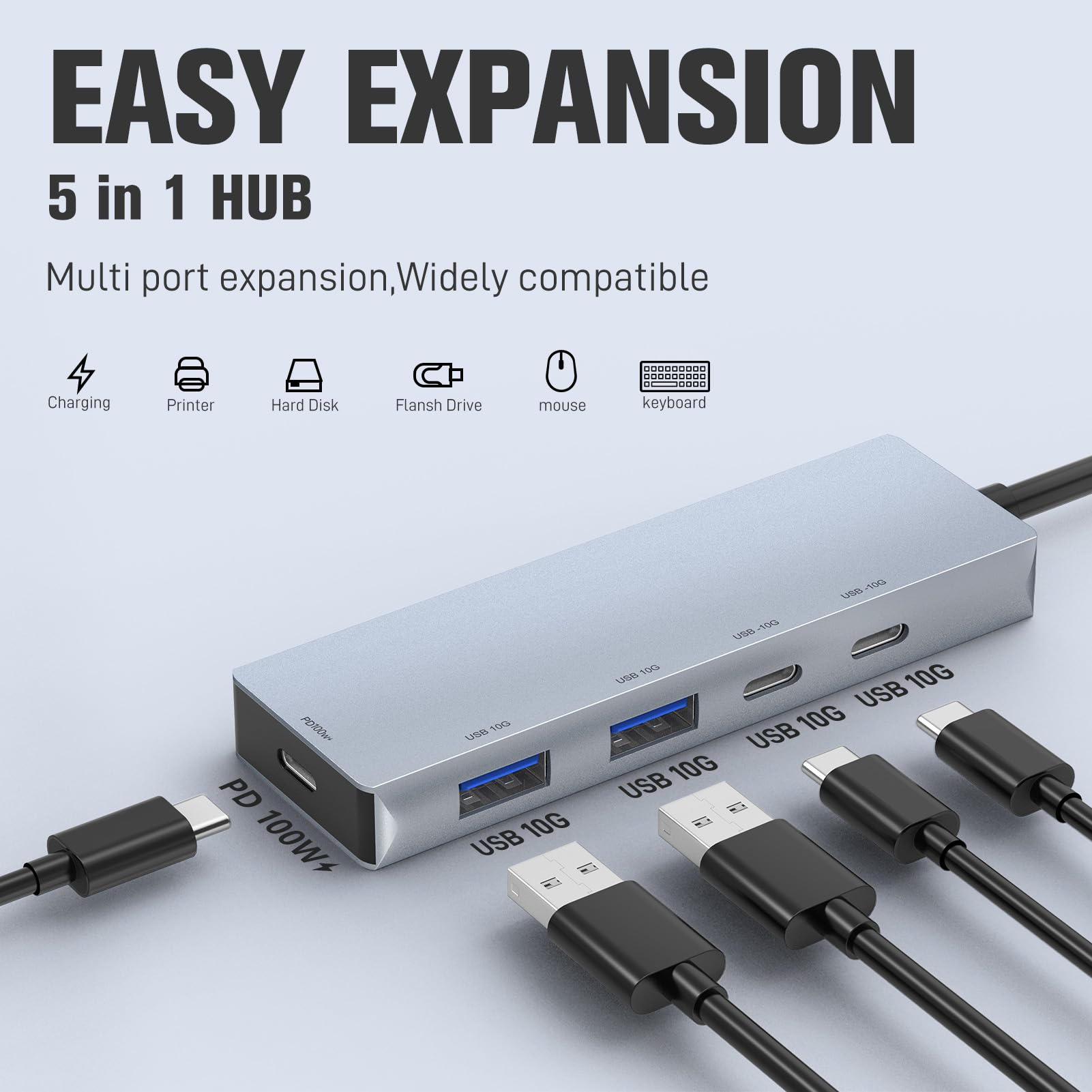 Leinsis Hub USB 3.2 de 10 Gbps, 4 puertos USB 3.2 con 2 USB-C 3.2 y 2 USB-A 3.2, PD 100 W de carga rápida para MacBook Pro, MacBook Air, portátiles Acer, portátiles HP, iPad Pro More.(plata