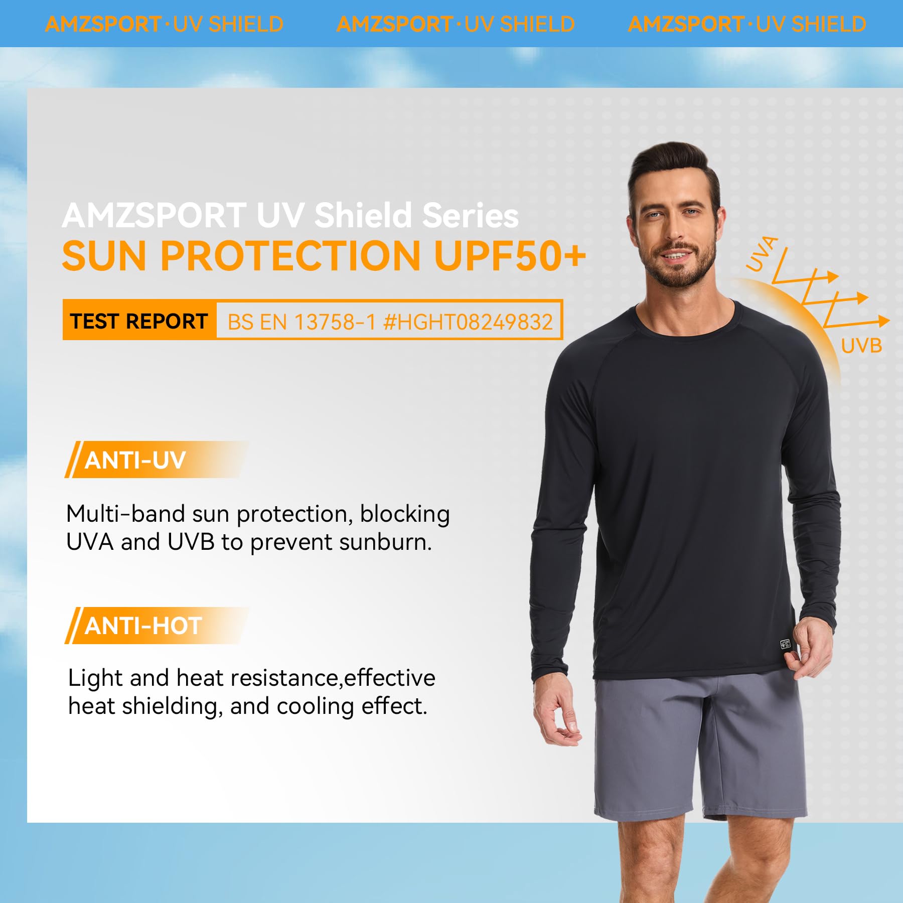 AMZSPORT Maglietta UV Uomo Rashguard UPF 50 Maglietta a Maniche Lunghe e Corte Protezione Solare Traspirante Asciugatura Rapida Maglietta Protettiva per Pesca, Surf, Escursionismo, Ciclismo
