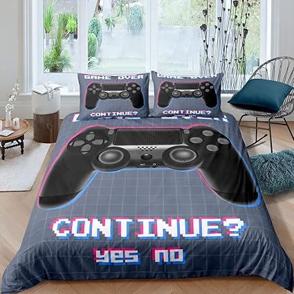 Feelyou Games Bedding Set Video Game Gamepad Duvet Cover for Kids Boys Geometric Grid Decor Comforter Cover Game Controller Bedspread Cover Bedroom Collection 3Pcs Full Size