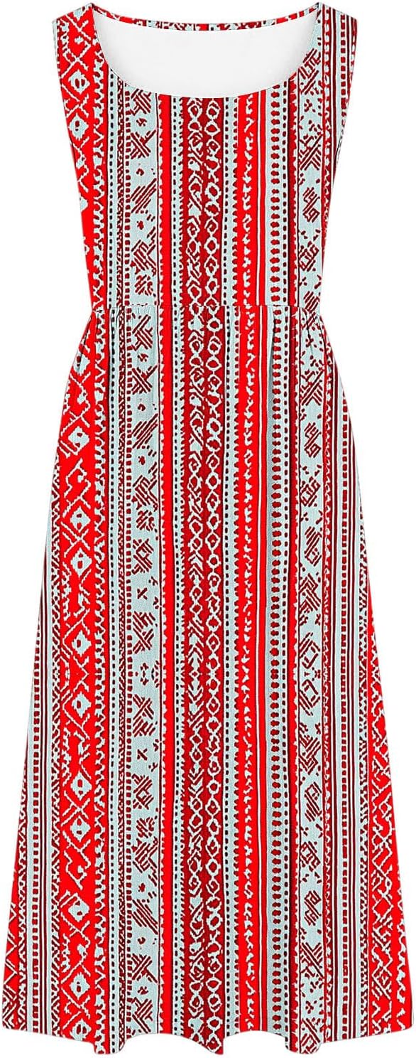 Sleeveless Casual Midi Dress for Women Summer Loose Crew Neck Floral Print Swing Beach Dresses with Pockets