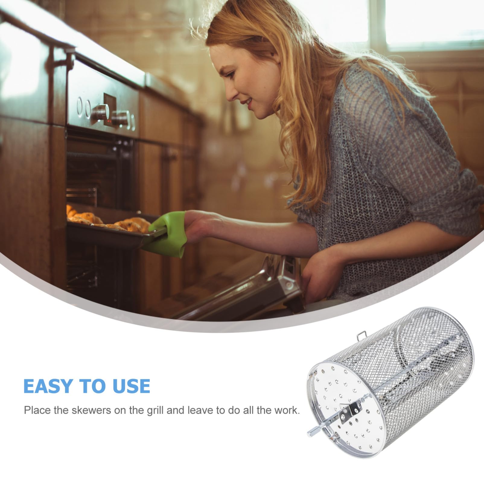 Jaula Giratoria para Barbacoa de Acero Inoxidable Resistente la Oxidación Accesorio Práctico para Asar Nueces y Carne Horno Eléctrico y Freidora de Aire Incluye Cesta y Eje para