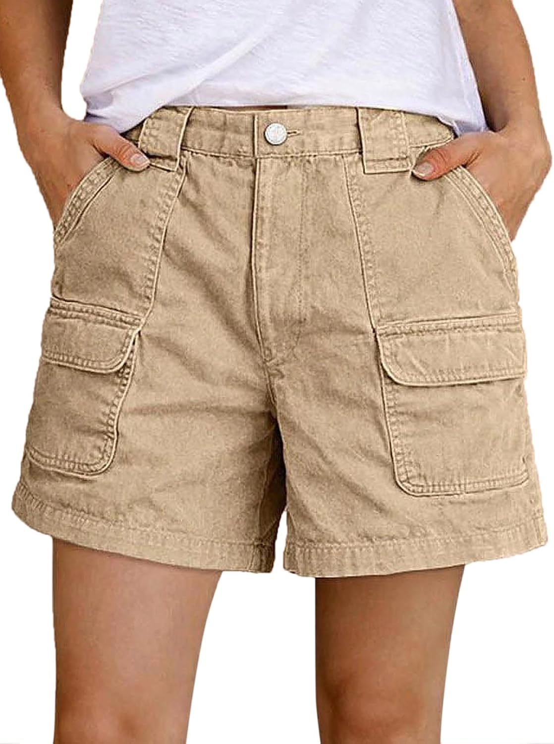 Flamingals Mid Waist Shorts for Women Mid Thigh Length Solid Business Casual Summer Shorts with Flap Pockets
