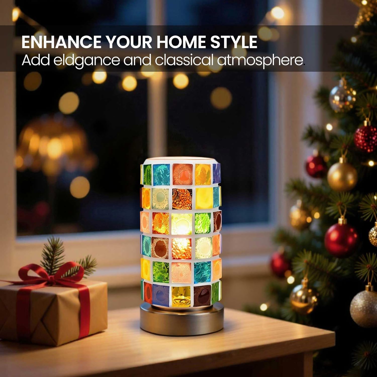 Mosaic Stained Glass Table Lamp for Bedroom Bedside, Bohemian Turkish Small Nightstand Lamp Night Light, Metal Base Round Colored Glass Shade Desk Lamp for Living Room Restaurant Bar (Bulb Included)