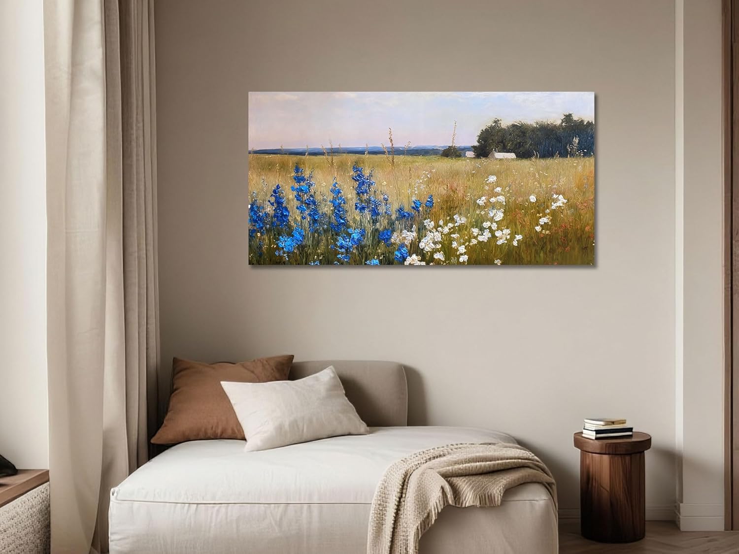 Ardemy Textured Vintage Countryside Canvas Wall Art - 40"x20" Large Framed Flower Field Painting, Serene Blue & White Wildflower Landscape Artwork for Living Room Bedroom Home Office Dining Room Decor