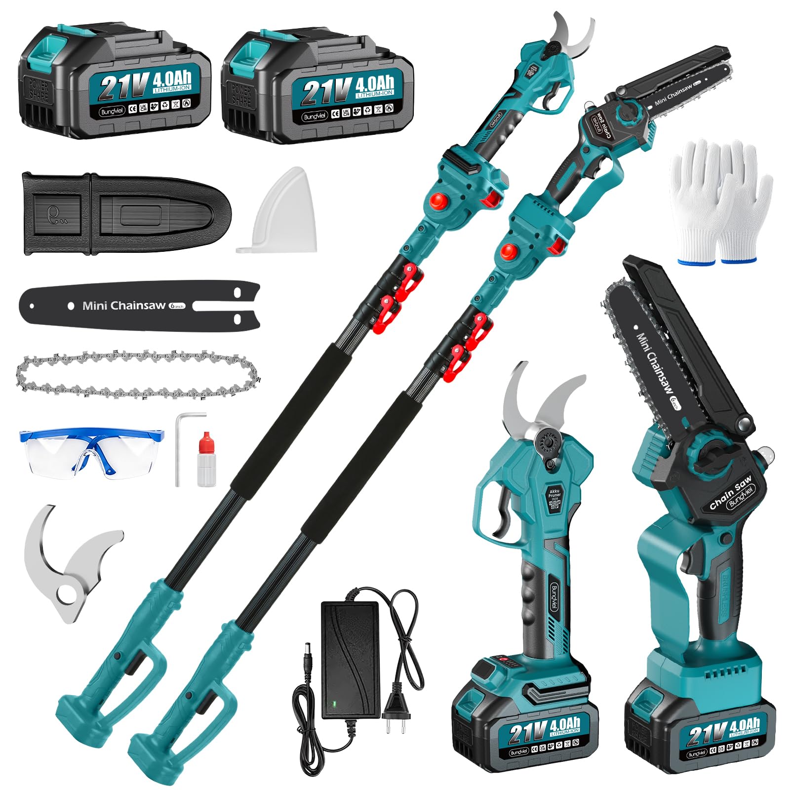 4-in-1 Akku Hochentaster kompatibel mit Makita Akku, Bürstenloser 6 Zoll Mini Kettensäge & 40mm Elektrische Gartenschere akku, 2x 4.0Ah, Max. Reichweite bis 4m für Garten Baumschnitt