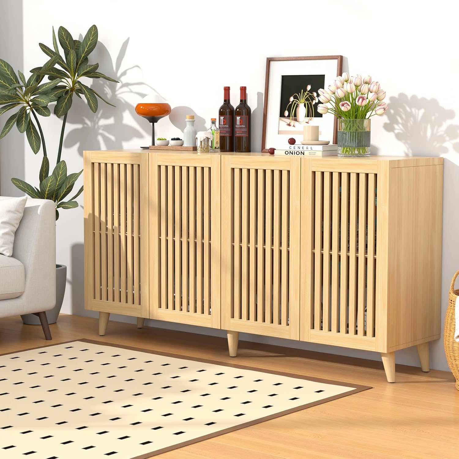 63" Large Sideboard with 4 Doors, Modern Fluted Buffet Cabinet, Wood Storage Credenza with Sturdy Metal Legs for Living Room, Kitchen, Entryway (Natrual)
