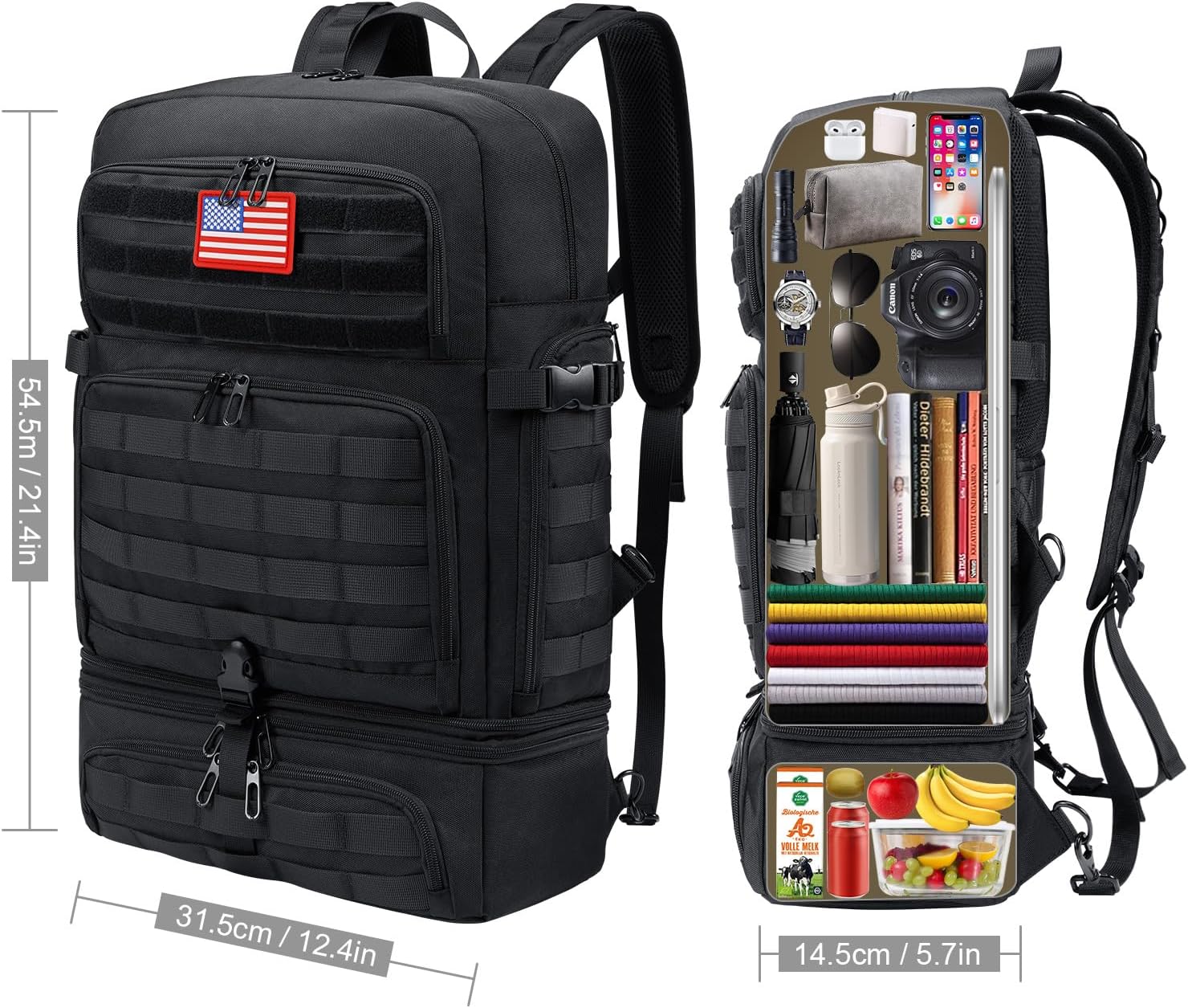 BERTASCHE Lunch Backpack for Men, 15.6 Inch Laptop Backpack for Work College Travel Camping Tactical Molle Daypack, Black - Image 2