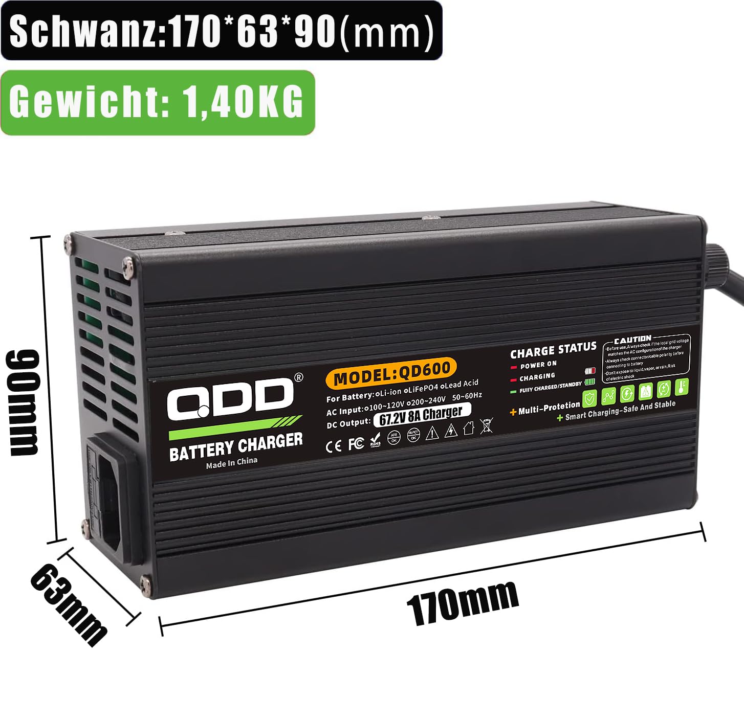 QDD 67,2 V 8 A batteria agli ioni di litio caricabatterie intelligente completo con ventola, utilizzato per batteria agli ioni di litio 16S 60 V, caricatore 60 V