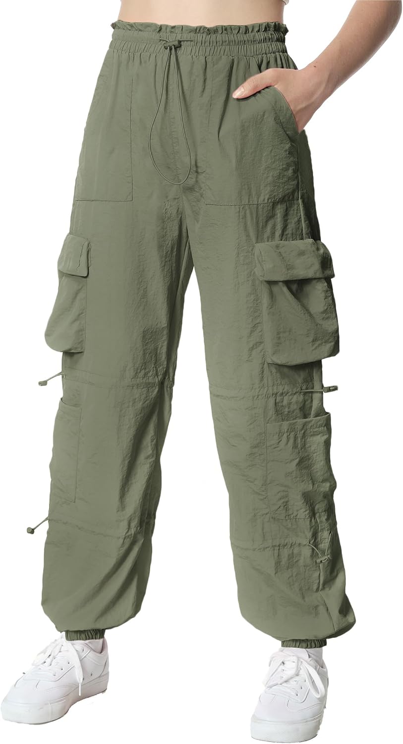 EXARUS Girls Parachute Pants Cargo Baggy Hip Hop Drawstring with Pockets Elastic Y2K for Kids 8-14Y