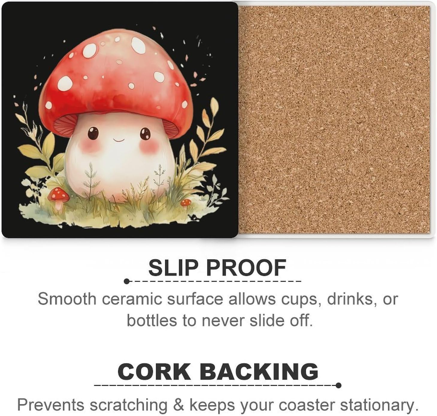 Cute Red Mushroom Funny Ceramic Coasters for Drinks Absorbent Cup Holder Tabletop Protector with Cork Base