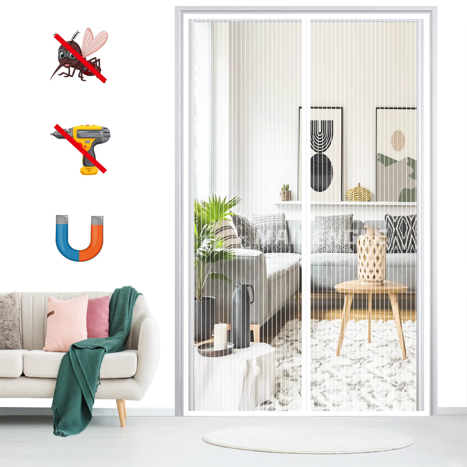 Moustiquaire magnétique blanche pour porte 160x225 cm rideau anti-moustiques