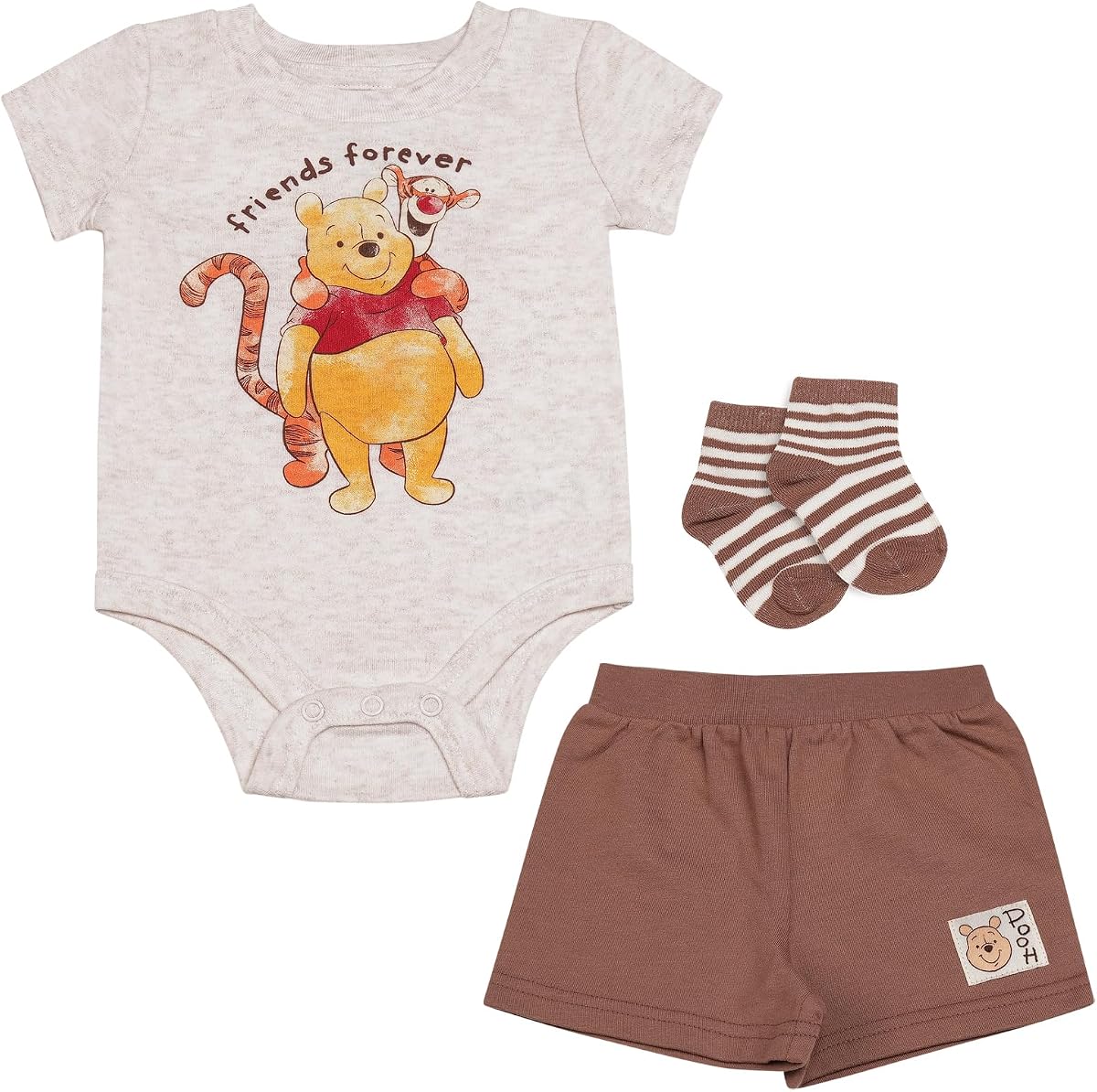 Clothes Disney Baby Boys 3-Piece Short Set – Mickey, Pooh, Dumbo & Stitch Bodysuit, Shorts & Socks (0-9M)