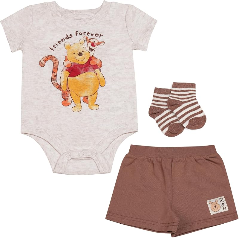 Clothes Disney Baby Boys 3-Piece Short Set – Mickey, Pooh, Dumbo & Stitch Bodysuit, Shorts & Socks (0-9M)