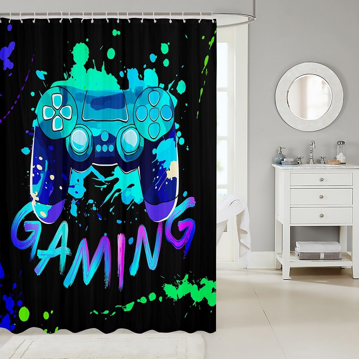 Castle Fairy Video Games Shower Curtain Color Graffiti Hip Hop Style Waterproof Shower Curtain Modern Player Gaming Bath Curtain with 12 Hooks for Bathroom Showers,Bathtubs,72x72 inches image 4