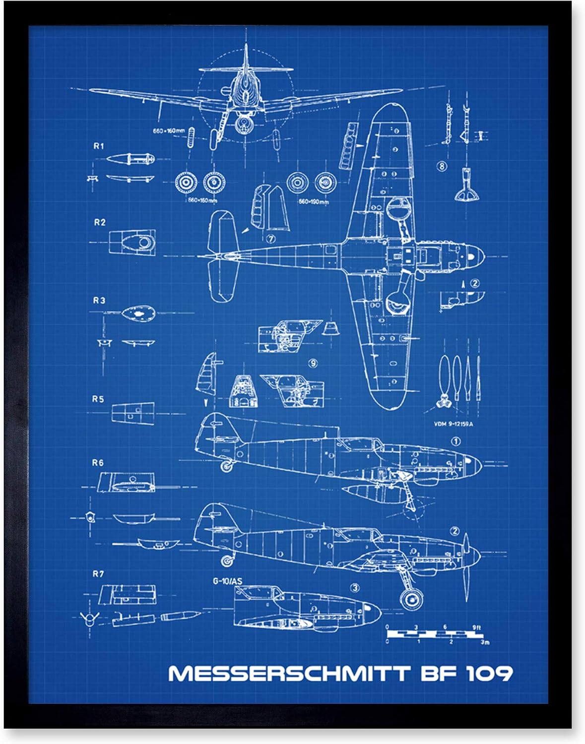 Artery8 Messerschmitt Bf 109 Fighter Plane 2 Blueprint Plan Art Print Framed Poster Wall Decor 12x16 inch