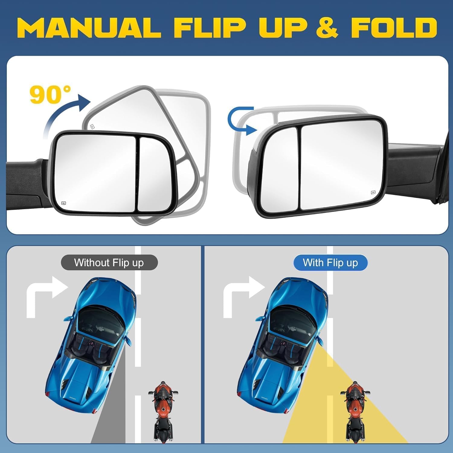 Pair Power Heated Towing Mirrors Compatible for 1998 1999 2000 2001 Dodge 1500 1998-2002 Ram 2500 3500 w/White Running light Side Tow Mirror Manual Flip Fold (Black)