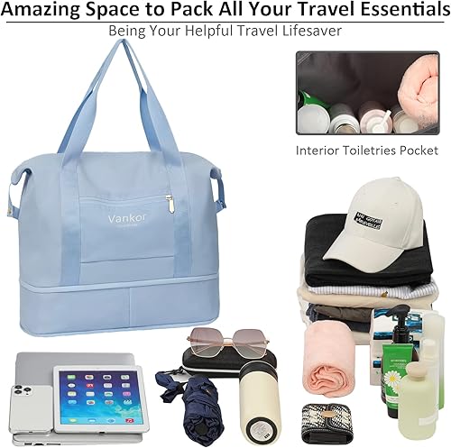 Vista 4 de Vankor - Bolsa de lona para viajes, impermeable, bolsa de viaje portátil para mujer, Azul, Elegante