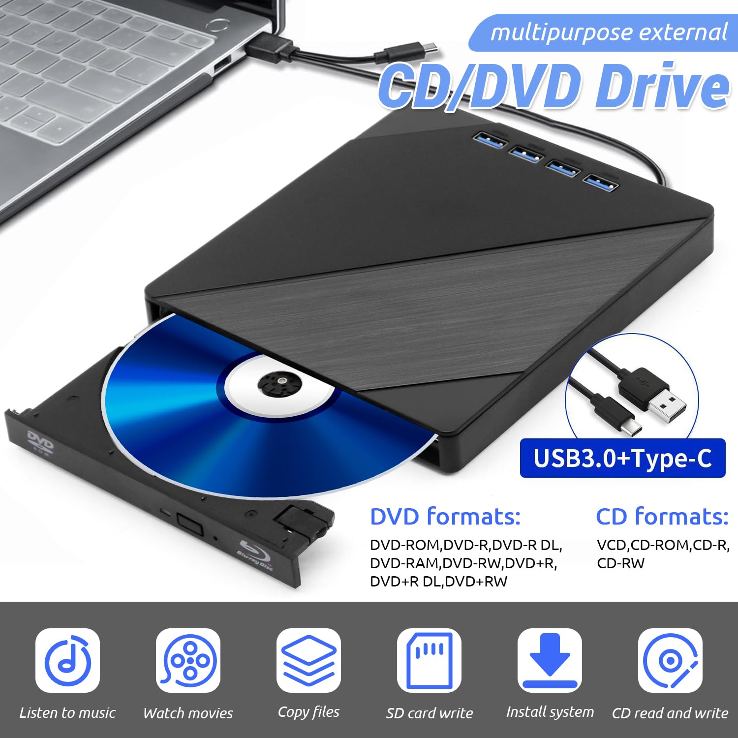 Custom Catch Lecteur Optique Blu - Ray Externe 7 en 1 Lecteur DVD/BD/CD, Lecteur Optique Blu - Ray usb3.0 Type - c3d, pour Windows XP / 7/8 / 10/11
