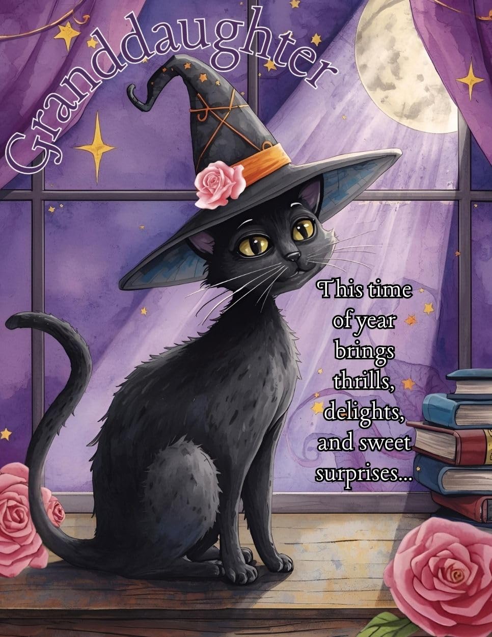 Happy Halloween Granddaughter with Black Cat Greeting Card - This Time of Year Brings Thrills Delights and Sweet Surprises And You Bring The Magic