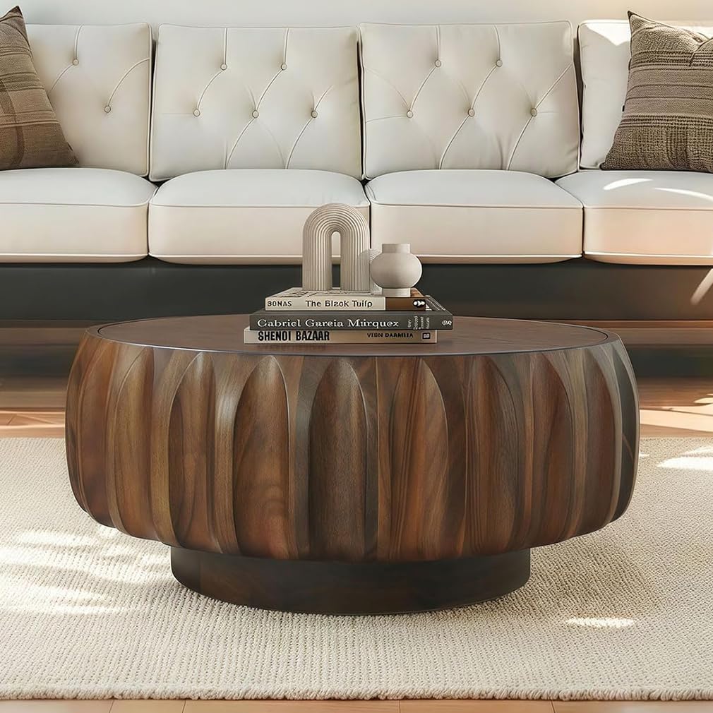 31.5'' Round Drum Coffee Table Farmhouse Rustic Solid Wood Coffee Table Circle Pedestal Center Table Accent Tea Table for Living Room Apartment Office Retro Walnut