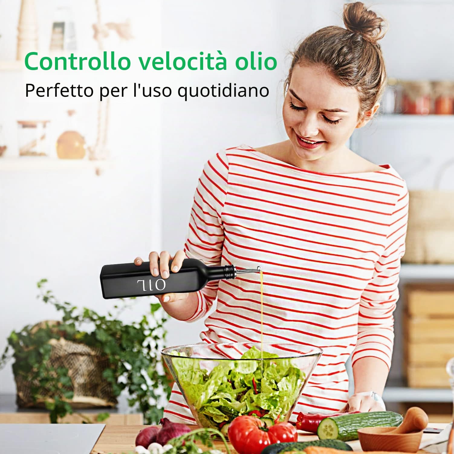 DaiRen Kitchen 500ML Set di Bottiglie per Olio e Aceto in Vetro, Dispenser per Olio d'Oliva con Supporto Caddy e Beccuccio in Acciaio Inox, Nero, Set di 2 Pezzi