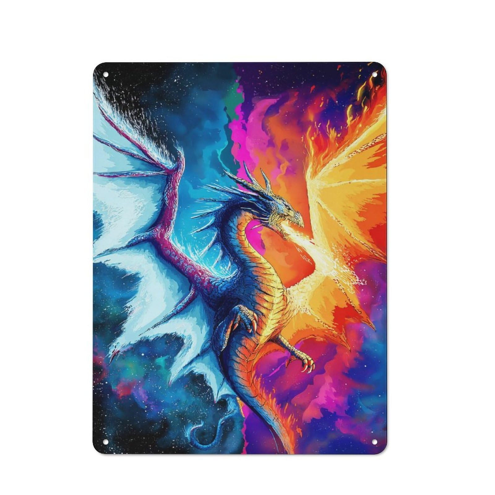 Junmoney Dragons In Cosmic Battle Tin Wall Plaque 40X30cm With For Garage Wall, For Collectors Of Retro Metal Wall Decor